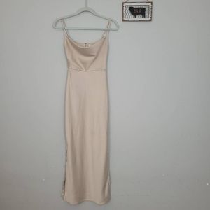 BHLDN Cali Satin Charmeuse Midi Dress Sz 0 Champaign Bridesmaid Side Slits